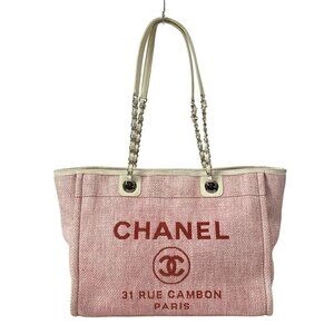 Auth CHANEL Deauville Line MM Pink Cream Canvas Leather Tote Bag
